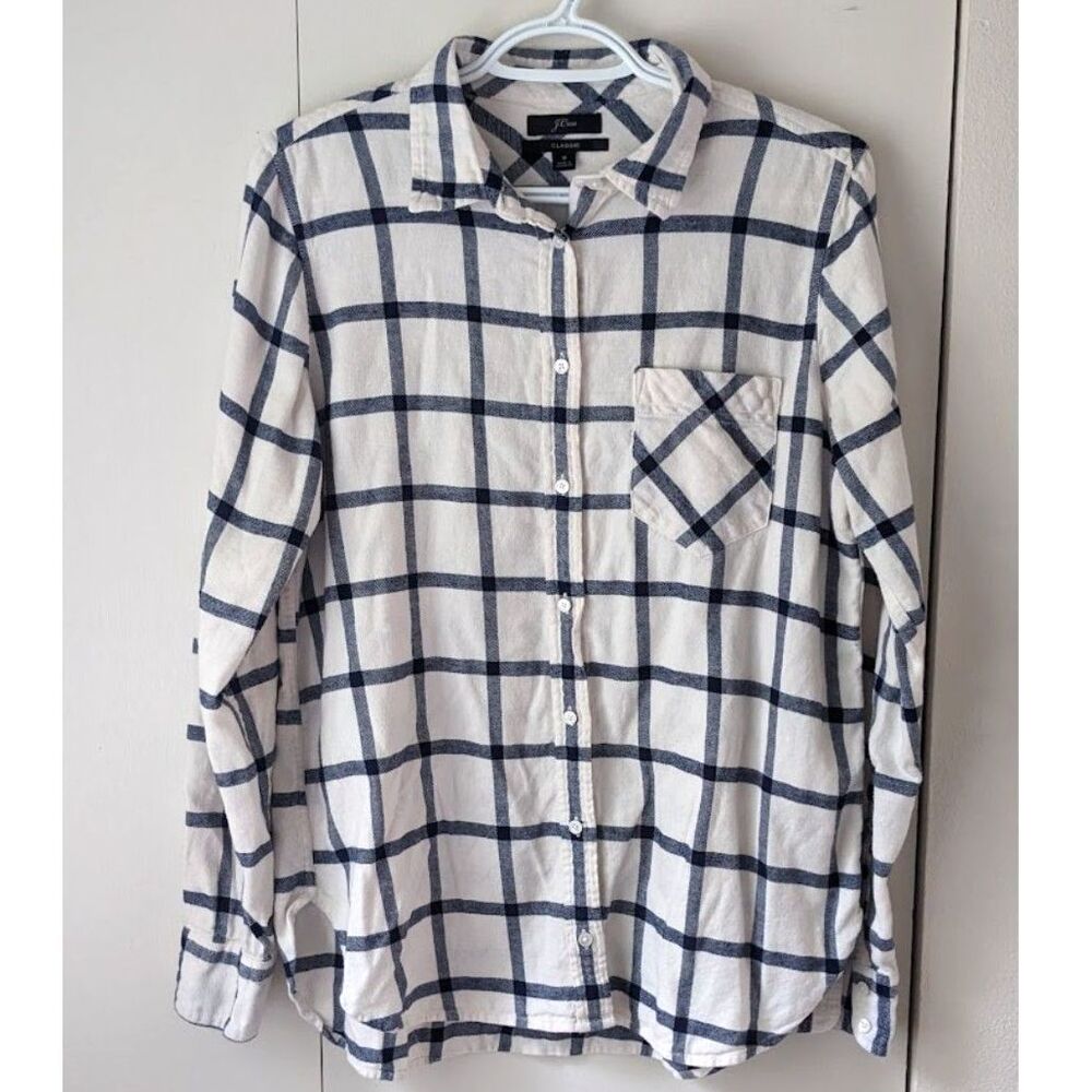 J. Crew Classic Fit Flannel Shirt Navy Blue Windowpane Check sz 8 cotton cozy